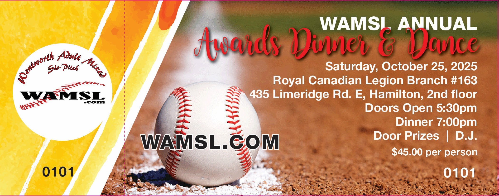 WAMSL 2022 Awards Dinner & Dance - Registration (2 tickets per team) -(Additional Team Tickets Are For Sale @ $40.00 per person) - Contact Linda info@wamsl.com